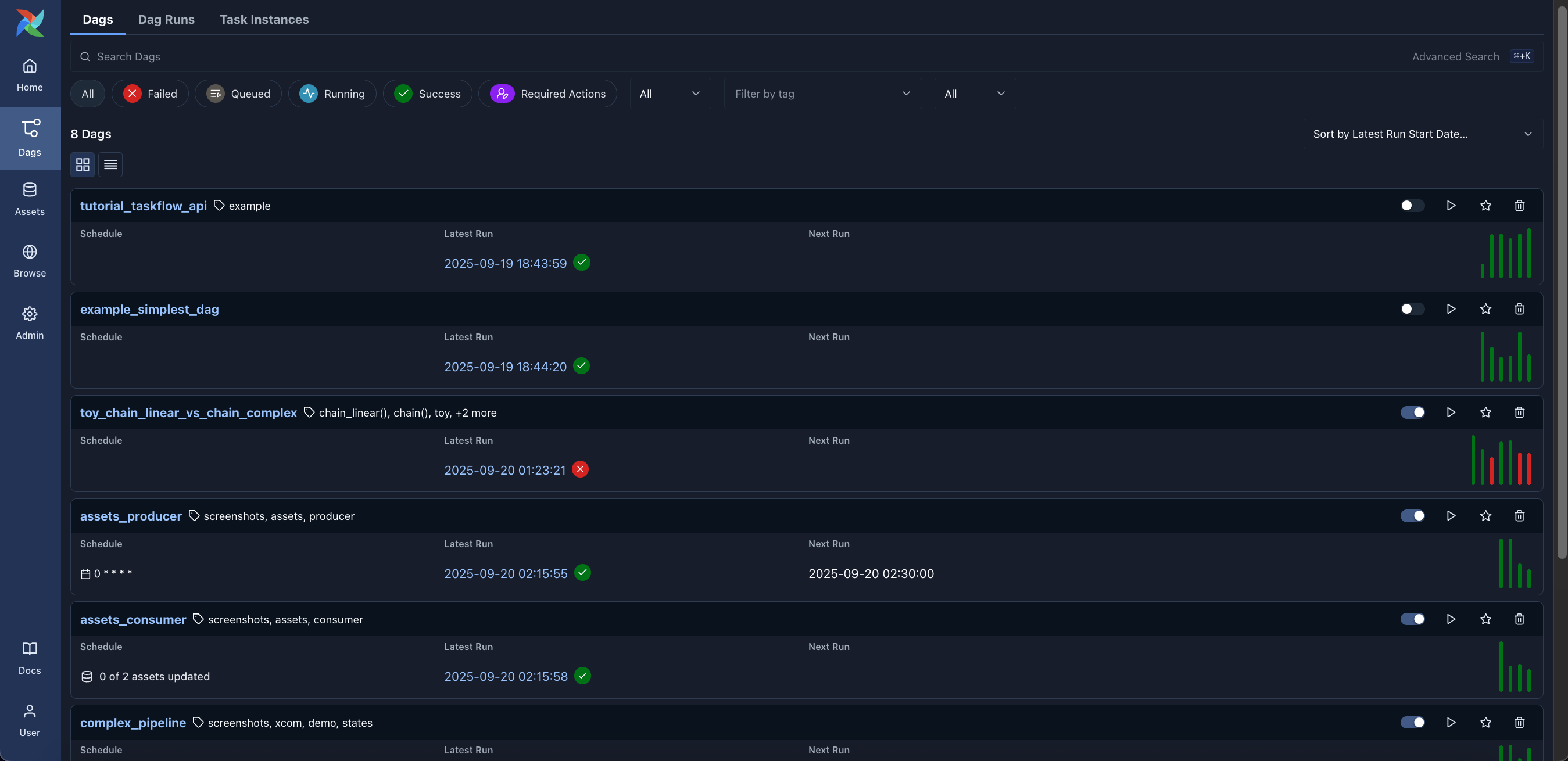 Airflow Web UI — DAGs Dashboard listing all registered pipelines